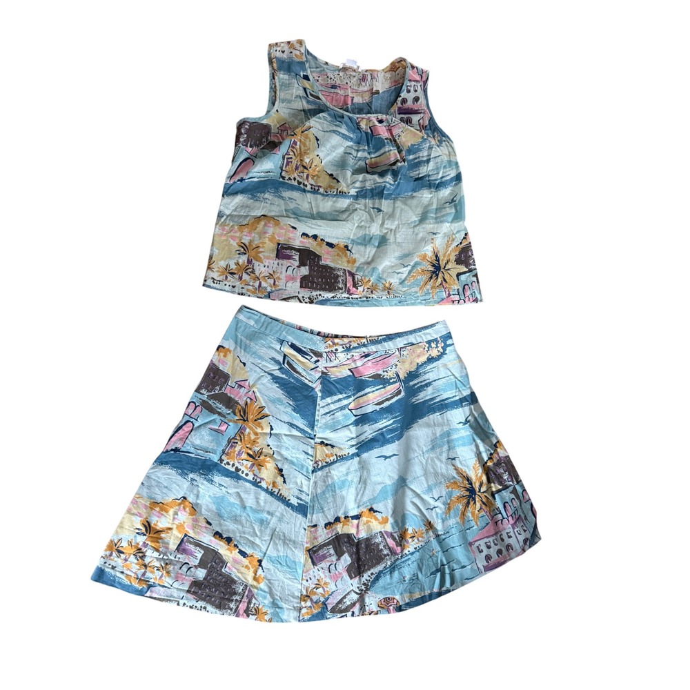 Boden Women Tropical Coastal Print Cotton 2 Piece Set Top Skirt Blue US 18